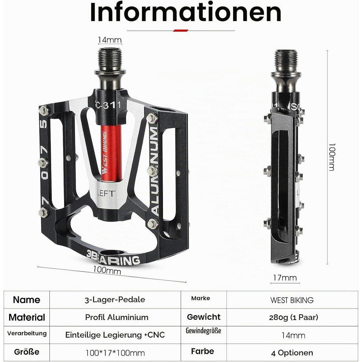 FAHRRADPEDALE Aluminium rutschfest 9/16 Zoll MTB E-Bike Set - Schwarz, Metall (10/1.5/10cm)
