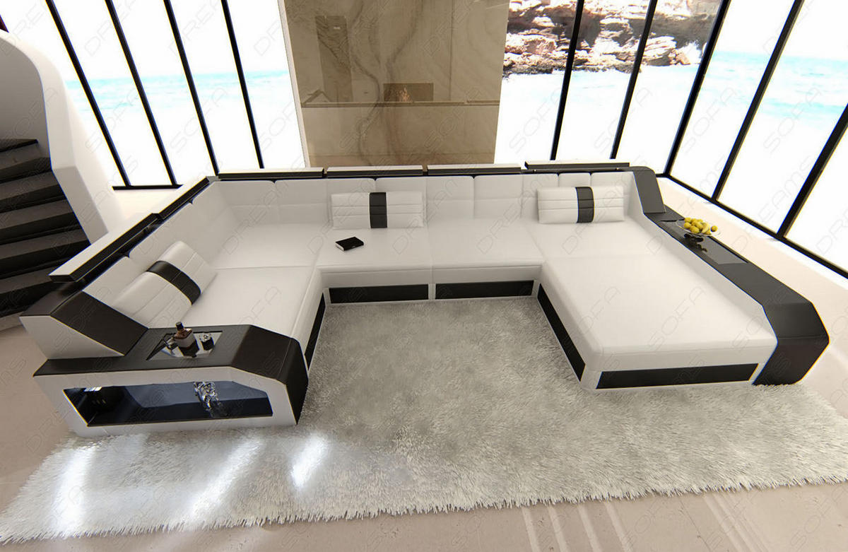 WOHNLANDSCHAFT Arezzo U - Schwarz/Weiß, Leder (380/86/197cm) - Sofa Dreams
