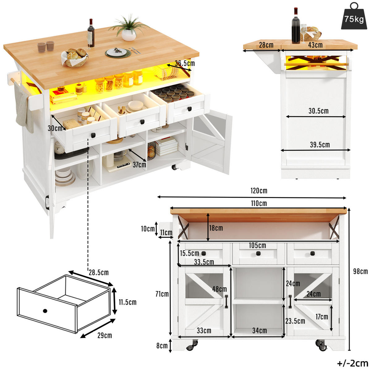 KÜCHENINSEL 120/71/98 cm Weiß aus MDF mit Klapptisch - Weiß, Holzwerkstoff (43/98/120cm) - OKMYHOME