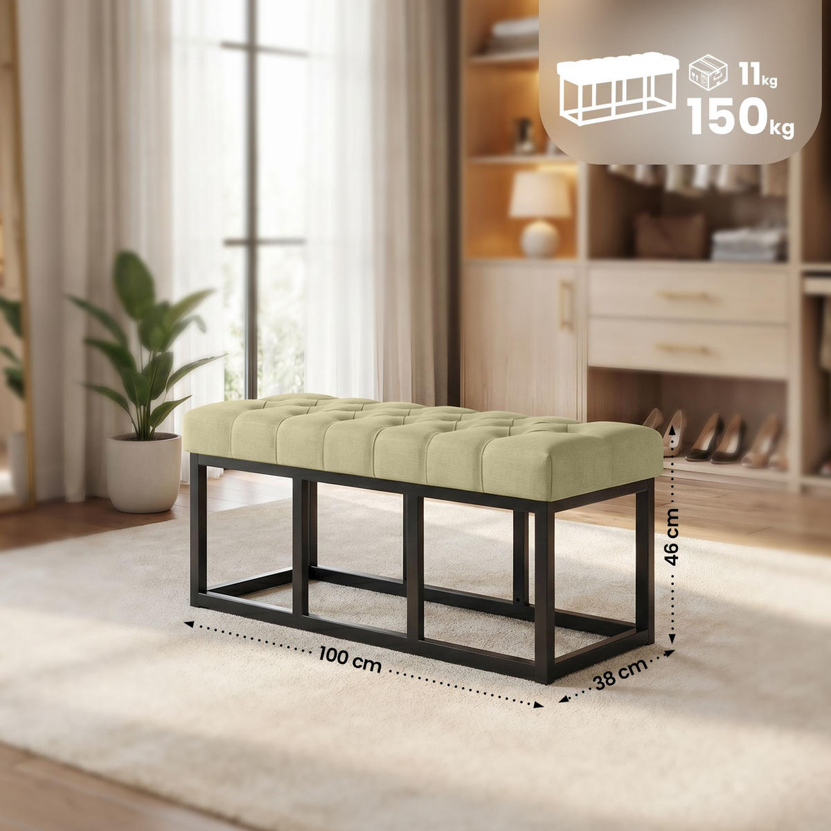 SITZBANK 100/38 cm Stoff Taupe - Taupe/Schwarz, Textil/Metall (100/46/38cm) - CLP