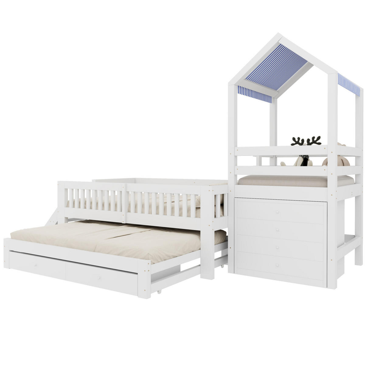KINDERHAUSBETT 90x200 cm Weiß aus Massivholz mit Ausziehbett 90x190 cm, Treppe, Schubladen und Stoffdach - Weiß, Holz (90/200cm) - Modfu