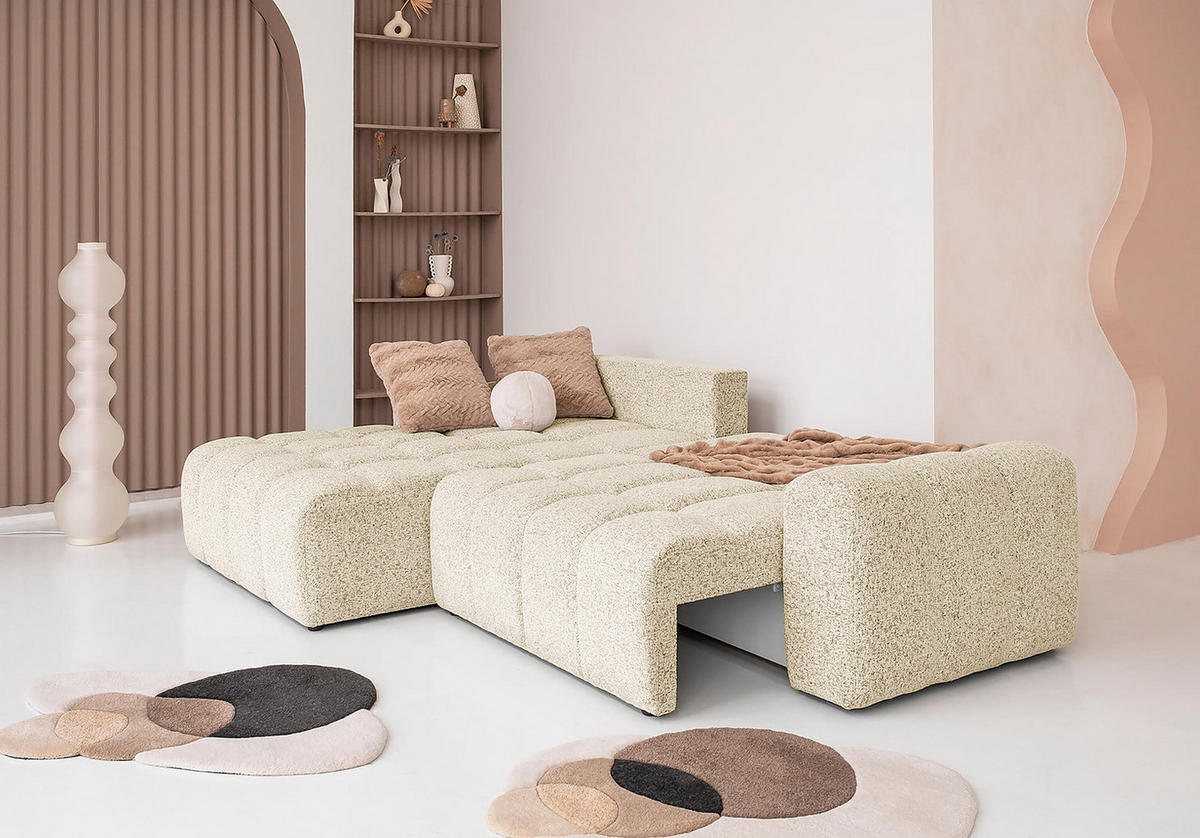 ECKSOFA mit Schlaffunktion - Strukturstoff - Creme/Schwarz, Kunststoff/Textil (268/184cm) - home24