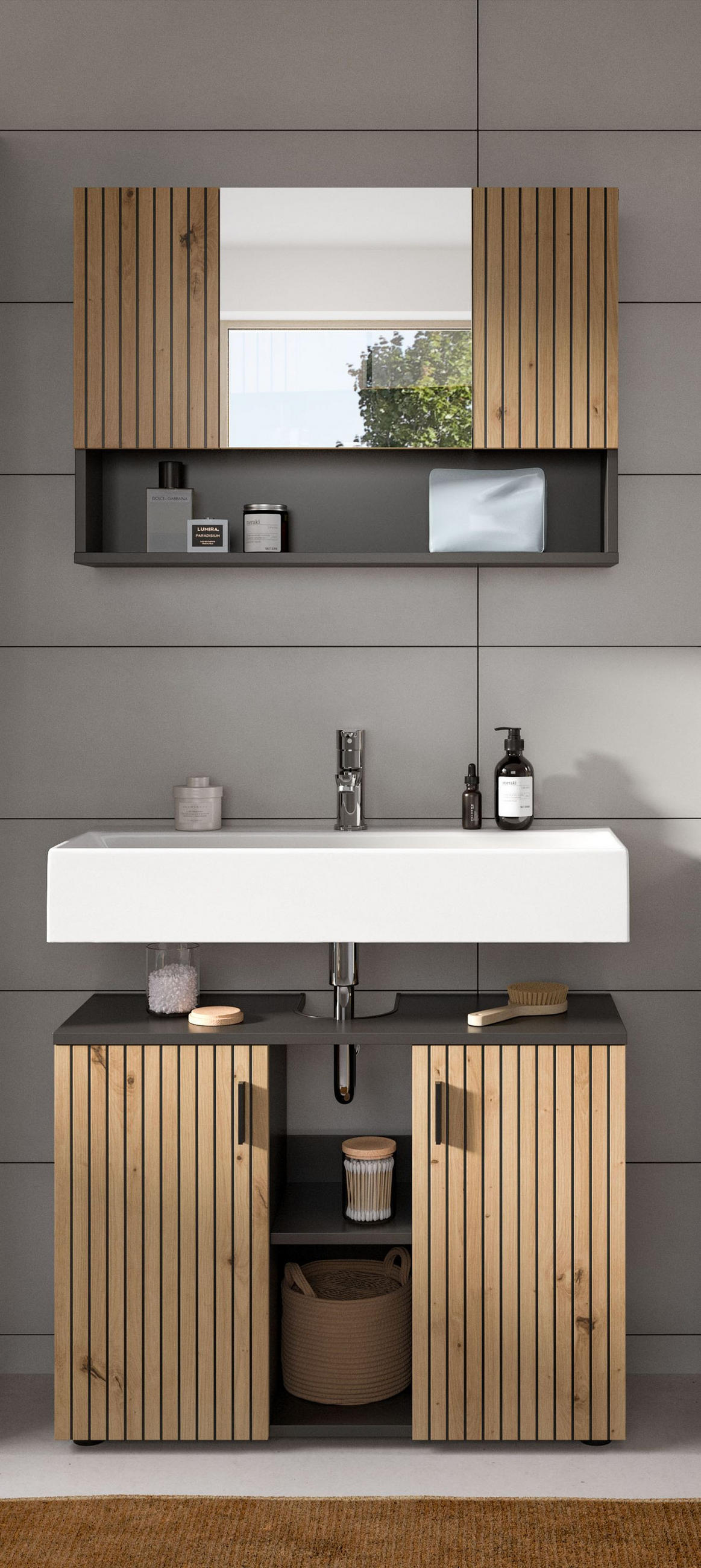BADEZIMMER Mira 2-tlg. (B/H/T: ca. 80/180/30 cm) in Basalt grau/Artisan Oak - Grau, Holzwerkstoff (80/180/30cm)