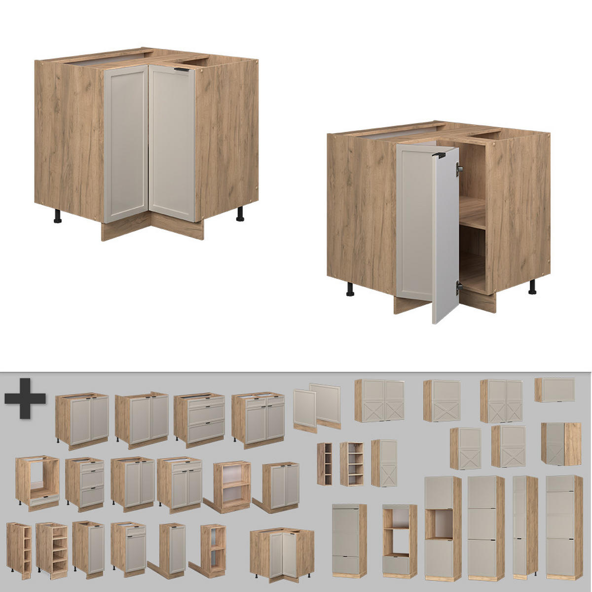 ECKUNTERSCHRANK Fame-Line GrauBeige 80.5 cm, AP Marmor - Honigeiche/Eiche Wotan, Holzwerkstoff (80.5/82/60cm) - Vicco