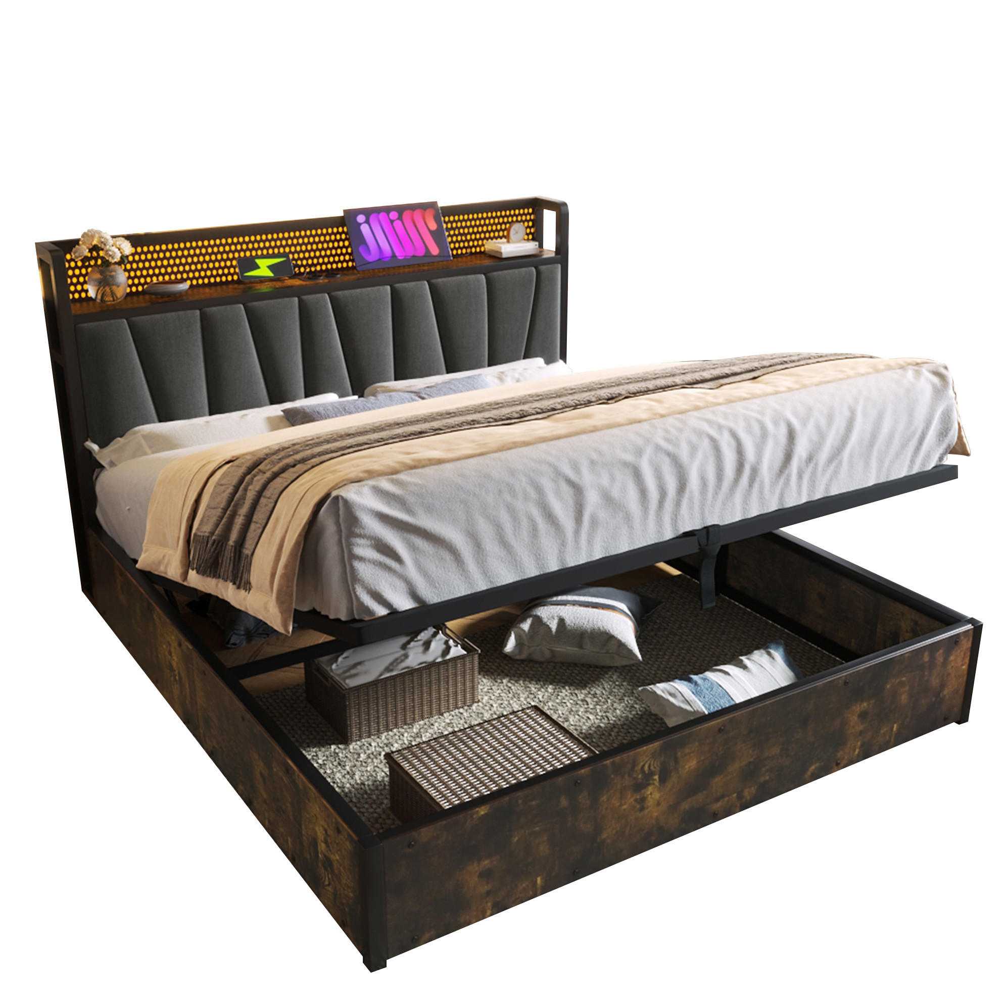 BETT mit LED-Kopfteil und Stauraum 180x200 cm Grau mit USB & Steckdosen - Grau, Metall (180/200cm) - Meubliv