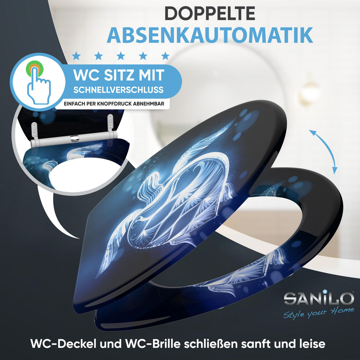 WC-SITZ mit Absenkautomatik & Top Fix Glow Turtle - Blau, Holzwerkstoff (37.7/5.5/48cm) - Sanilo