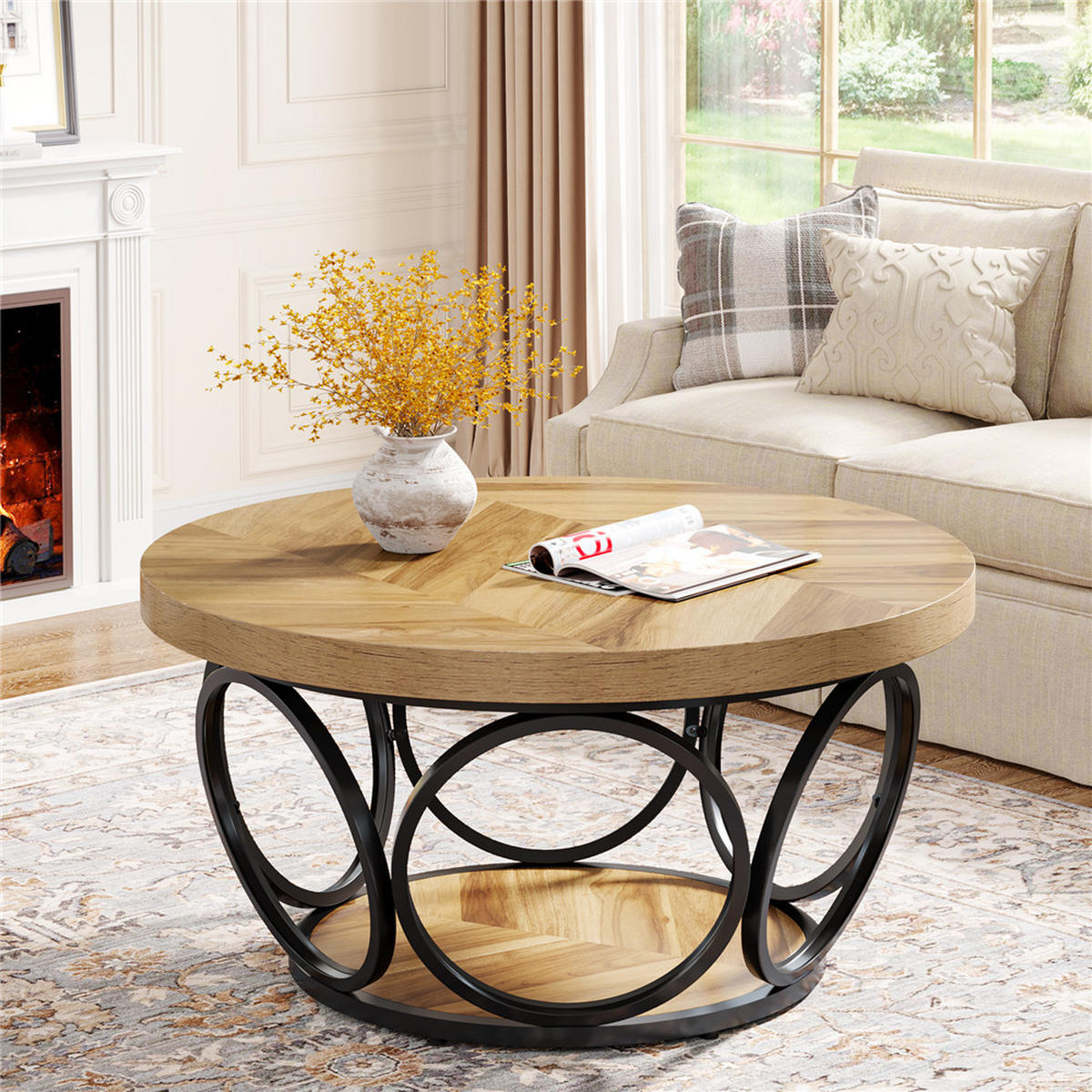 COUCHTISCH rund 80/80/42.5 cm 2 Ebenen Holz Stauraum modern - Hellbraun, Holz (80/80/42.5cm) - Kaket