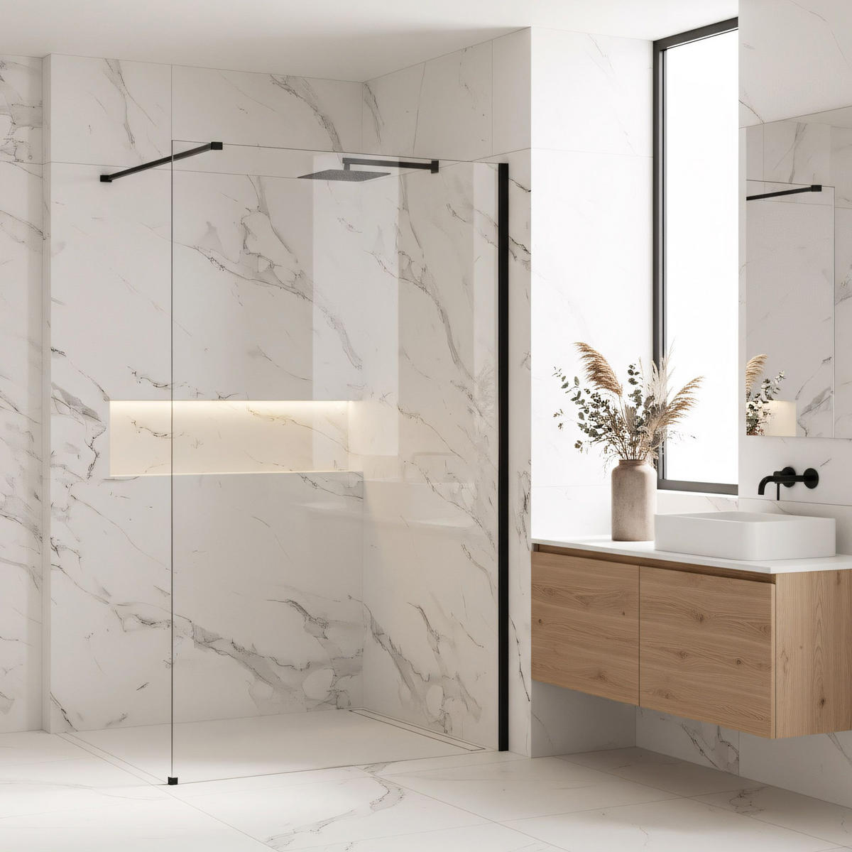 DUSCHWAND Rea Flexi Transparent / Black 120 - Schwarz, Glas (120/120/195cm) - REA