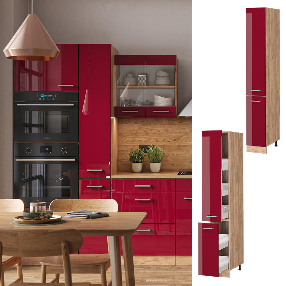 APOTHEKERSCHRANK R-Line Rot Hochglanz 30 cm - Honigeiche/Bordeaux, Holzwerkstoff (30/206.8/57.2cm) - Vicco