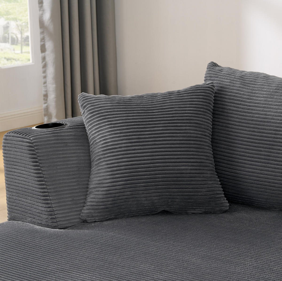 3-SITZER-SOFA mit Getränkehaltern, Kissen und bogenförmigem Design aus weichem Kordstoff, Grau - Grau, Kunststoff (264/76/168cm) - Redom