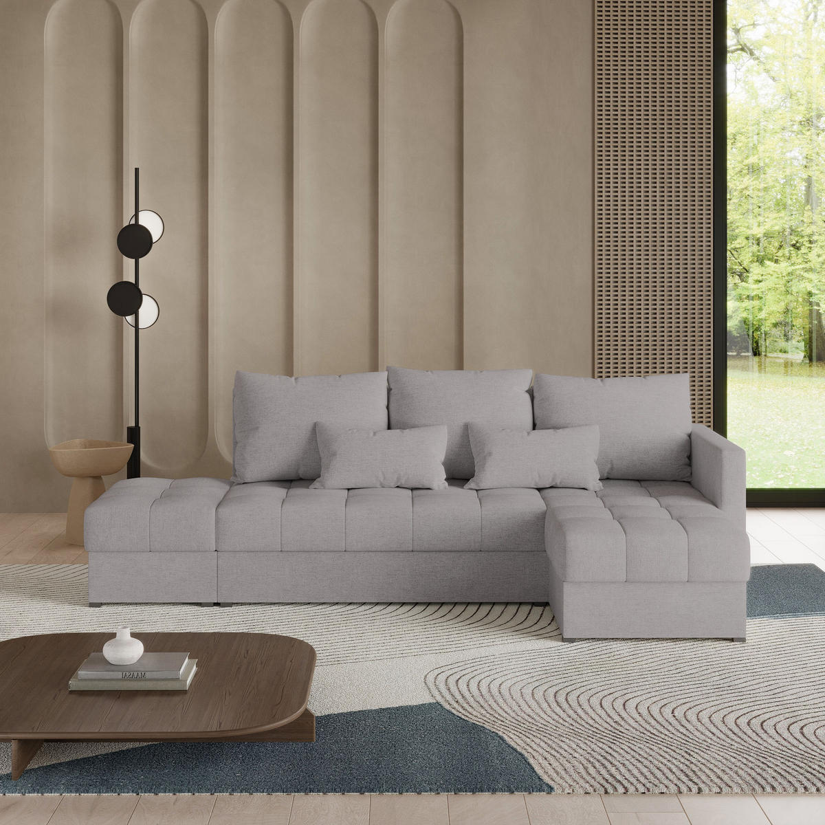 ECKSOFA LUMARI R-S Hellgrau Plüsch-Stoff mit Schlaffunktion - Hellgrau, Holz (262/143cm) - MASSENO