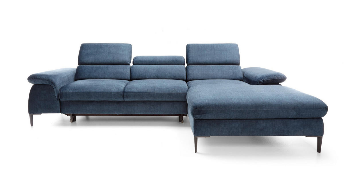 ECKSOFA MESTO Blau Velours-Stoff mit Schlaffunktion - Blau, Holz (288/182cm) - MASSENO