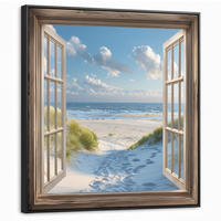 LEINWAND Bilder mit Rahmen - Aussicht - Strand - Fenster - Dünen - Meer - 90x90 - Hellblau, Textil (90/90cm) - MuchoWow
