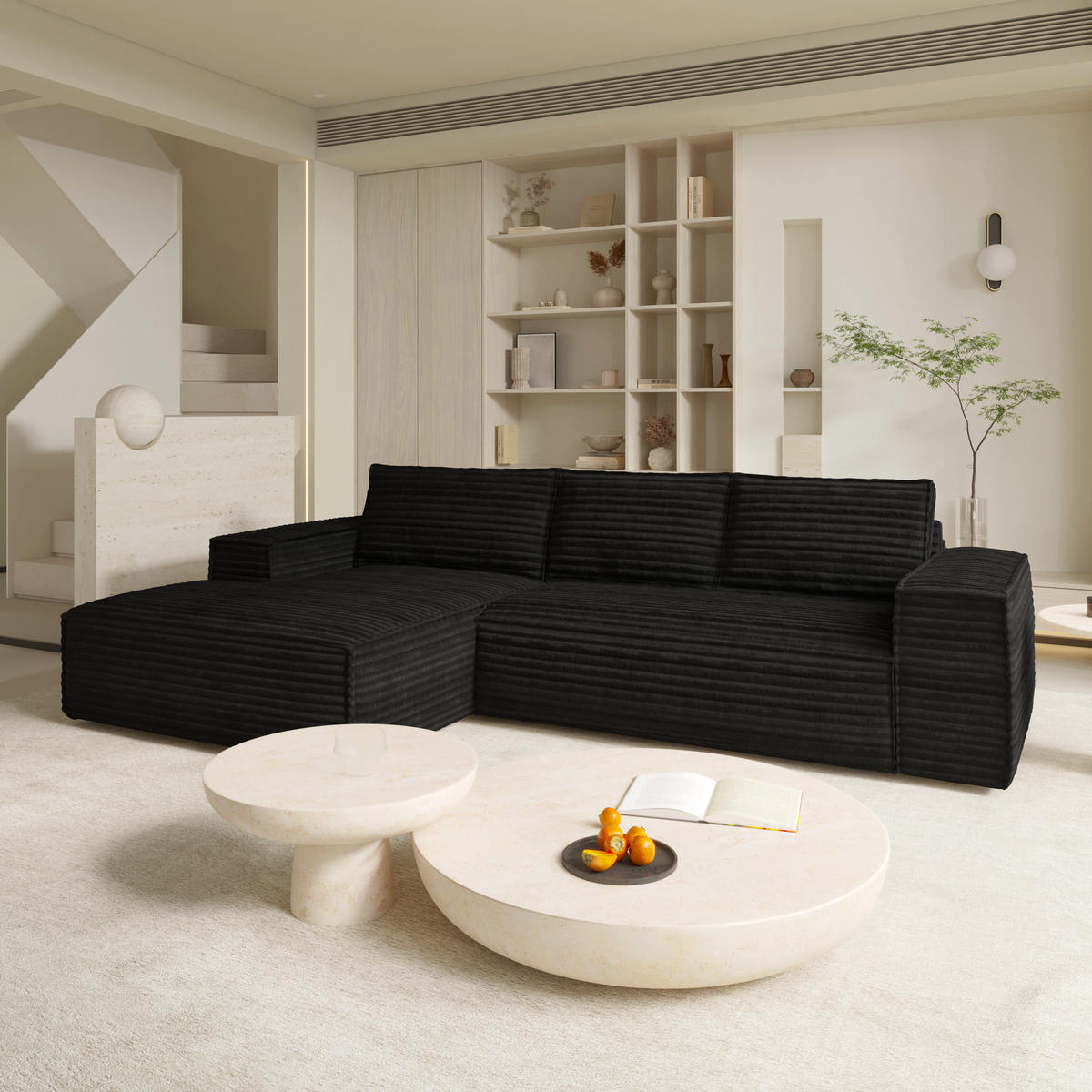 ECKSOFA LINKS Gerippter Samt Dunkles Anthrazit 302cm - Anthrazit, Textil (165/302cm) - Sia Home