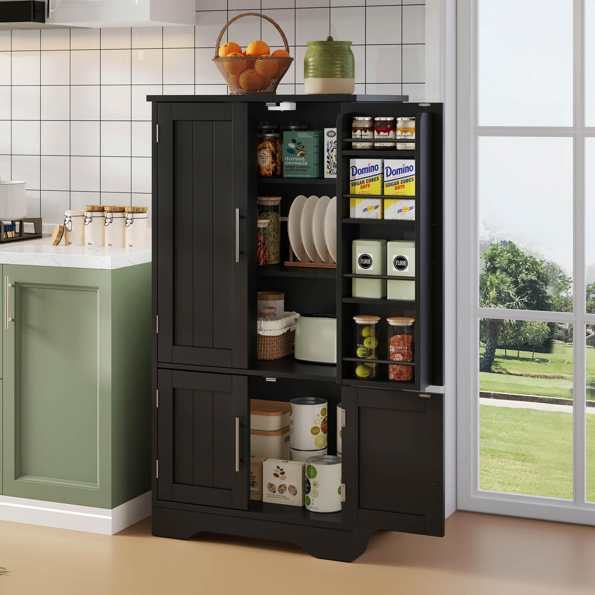 BUFFET 60/40/120.5 cm Schwarz LED-Sensorlicht und 4-türiger Aufbewahrungsschrank - Schwarz, Holz (60/120/40cm) - Oxeza