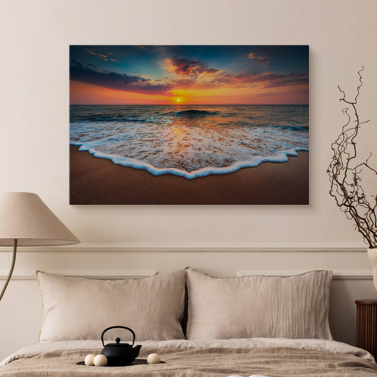 LEINWANDBILD Sonnenuntergang am Meer Landschaft 3D 120x80 - Blau/Beige, Textil (120/80cm) - Muralo