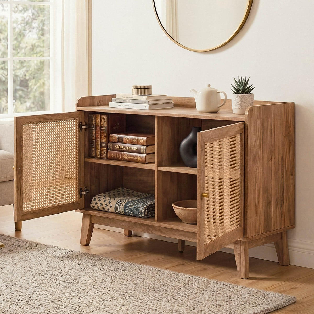 SIDEBOARD 2 türen mit rattan-geflecht - palmo 110/39/74,5 cm - Eschefarben, Holzwerkstoff (39/74.5/13cm) - Calicosy