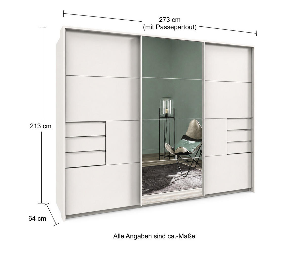 SCHWEBETÜRENSCHRANK 3-türig B273/H213/T64 cm, Weiß/Spiegel, Passepartout-Kleiderschrank mit Schubladen & Vollausstattung / 22619 - Weiß, Holzwerkstoff/Metall (273/213/64cm) - luma-home