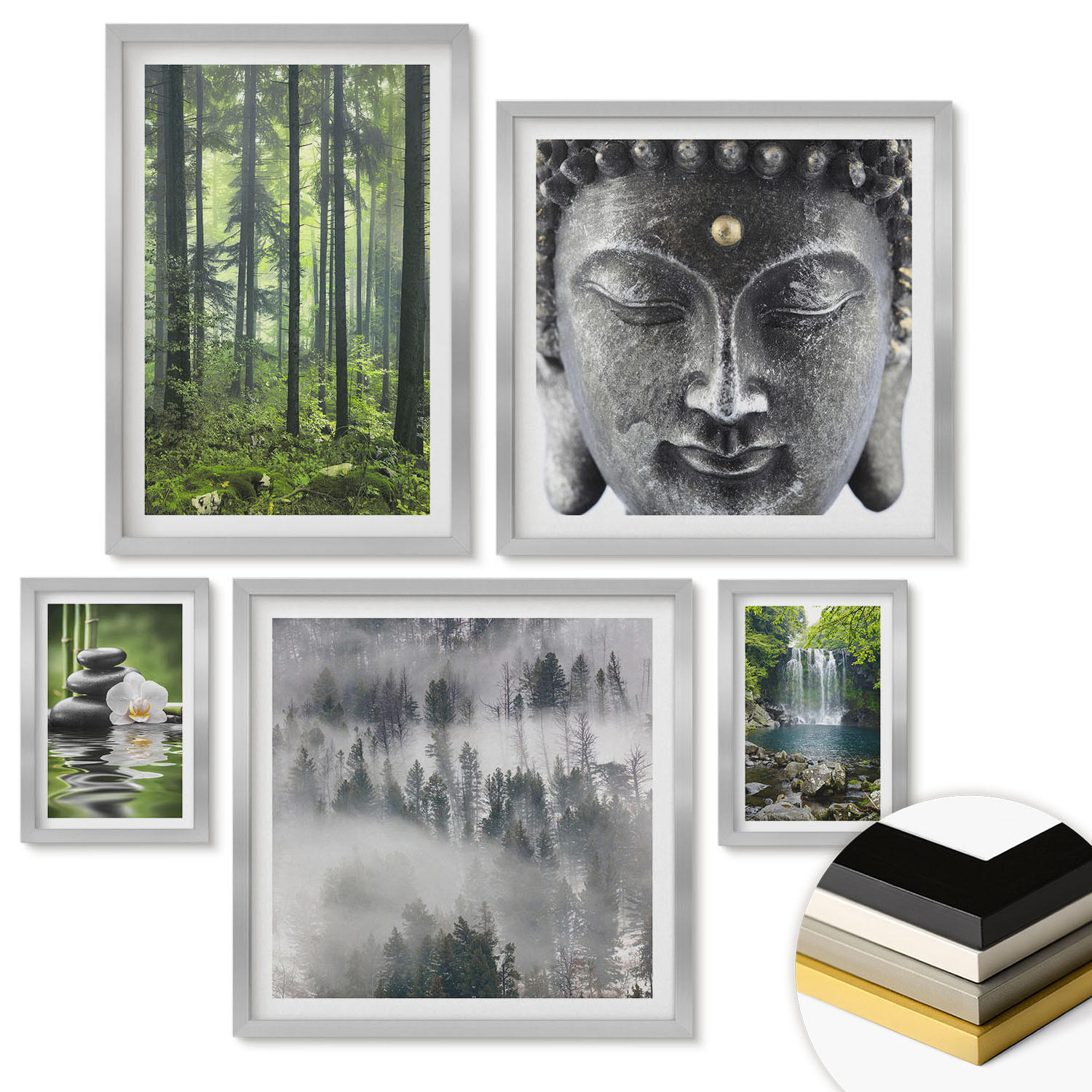 WANDBILDER 5er Set - 50x50 cm & 20x30 cm & 40x60 cm Silberner Rahmen - Harmonie der Natur, Steine, Wasser, Buddha - Silberfarben, Kunststoff (40/60cm) - ArtPrintCave