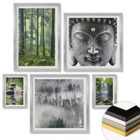 WANDBILDER 5er Set - 50x50 cm & 20x30 cm & 40x60 cm Silberner Rahmen - Harmonie der Natur, Steine, Wasser, Buddha - Silberfarben, Kunststoff (40/60cm) - ArtPrintCave