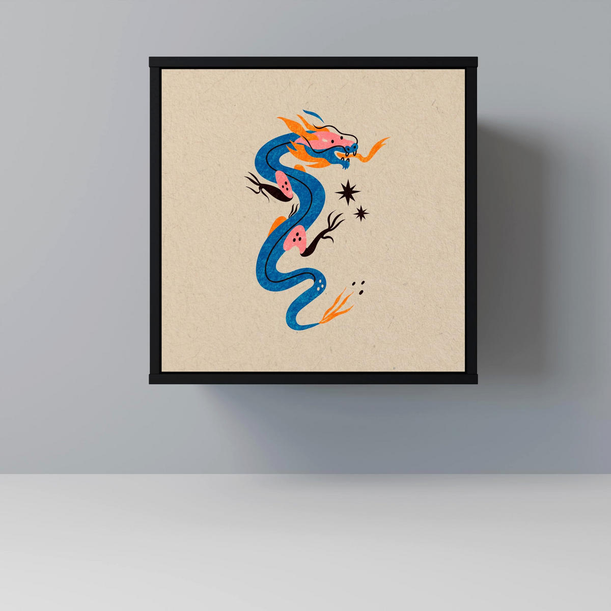 SIDEBOARD MYTHOLOGICAL CREATURES, Schwarz, 57,5x42x70,5 cm, Schwarze Metall-Sternfüße - Multicolor/Schwarz, Holzwerkstoff/Metall (57.5/70.5/42cm) - SpaceRebels