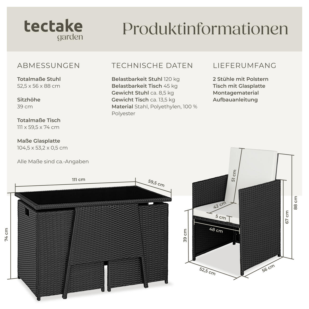 RATTAN SITZGRUPPE Lausanne,zusammenschiebbar,schwarz - Schwarz, Kunststoff - tectake