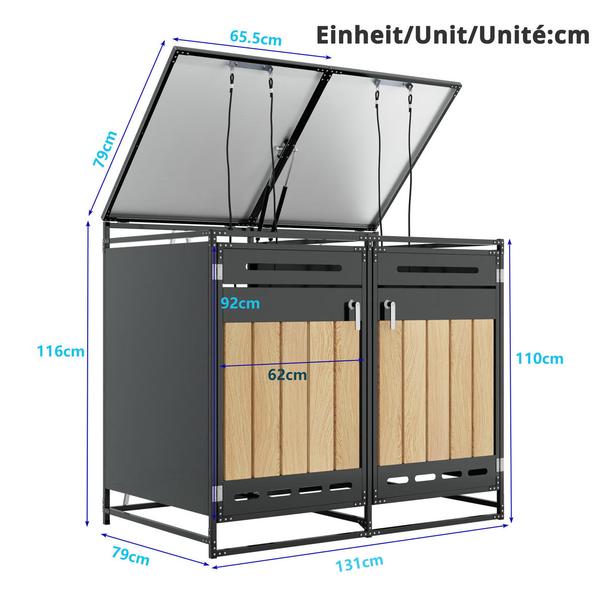 MÜLLTONNENBOX Hydraulik Deckel Holzoptik Schloss - Schwarz, Metall (131/116/79cm) - LEBENLANG