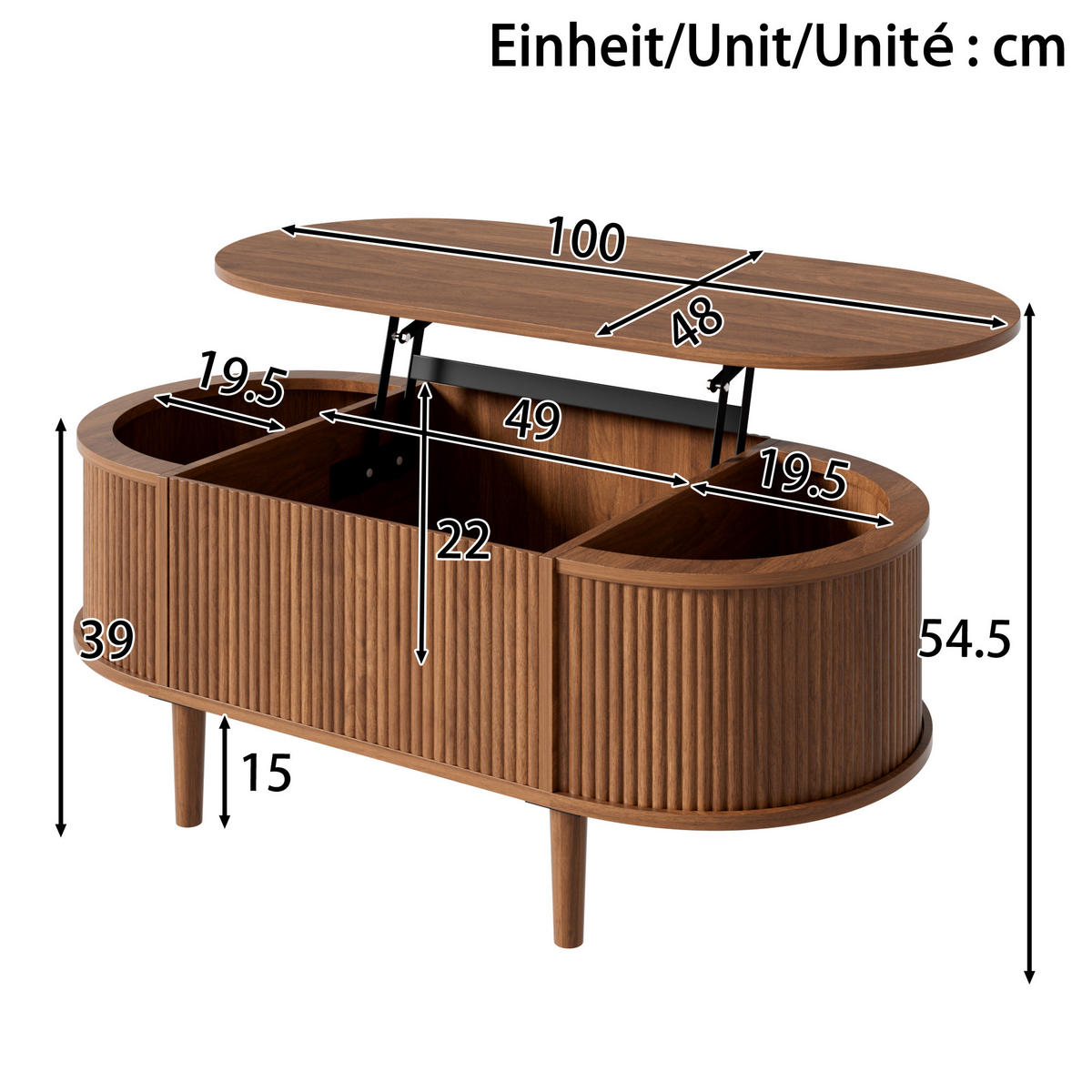 KONFERENČNÍ STŮL v dekoru dřeva, oválný s nastavitelnou výškou a úložným prostorem, 100×48×54,5 cm - tmavě hnědá, kompozitní dřevo (48/100/54.5cm) - STILVORA