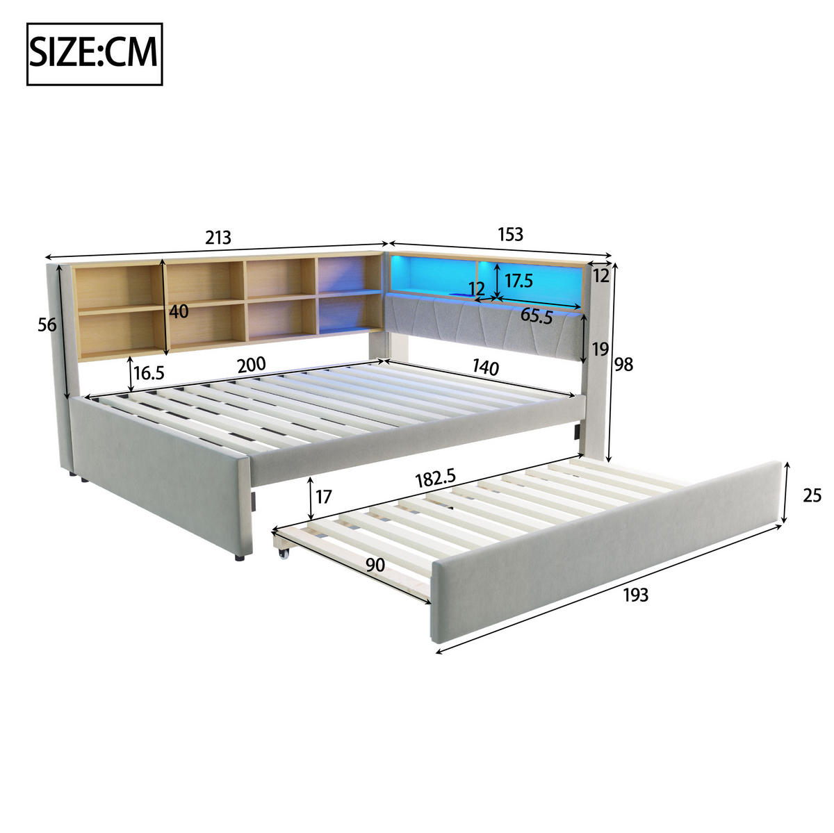 BETT 140/200 cm Hellgrau mit Ausziehbett, LED-Beleuchtung und Stauraum - Hellgrau, Textil (90/190cm) - Flora Grace
