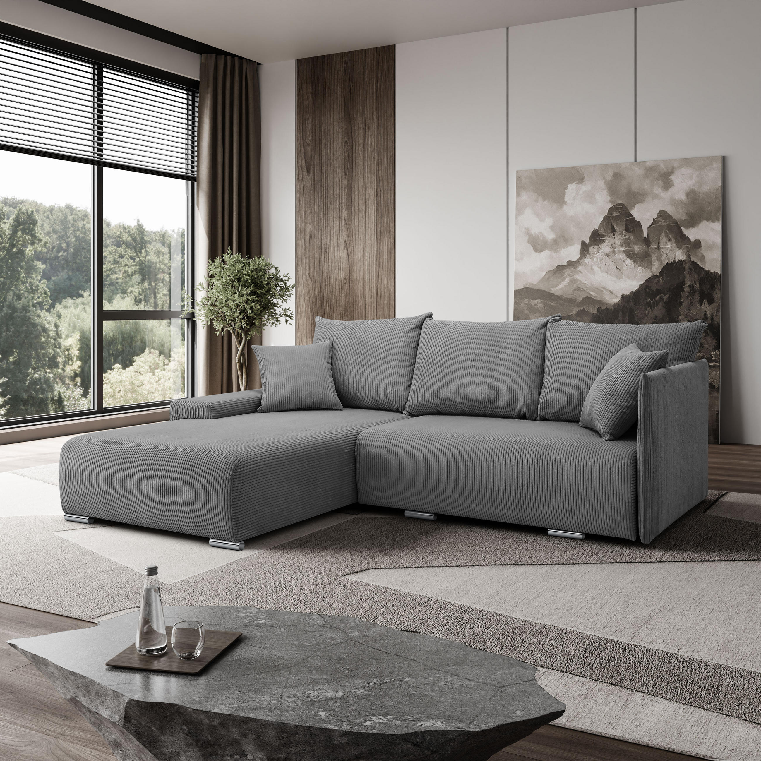 ECKSOFA L-Form Schlaffunktion Livorno Cord-Stoff Grau Links - Chromfarben/Schwarz, Holz/Kunststoff (188/246cm) - Kaiser Möbel