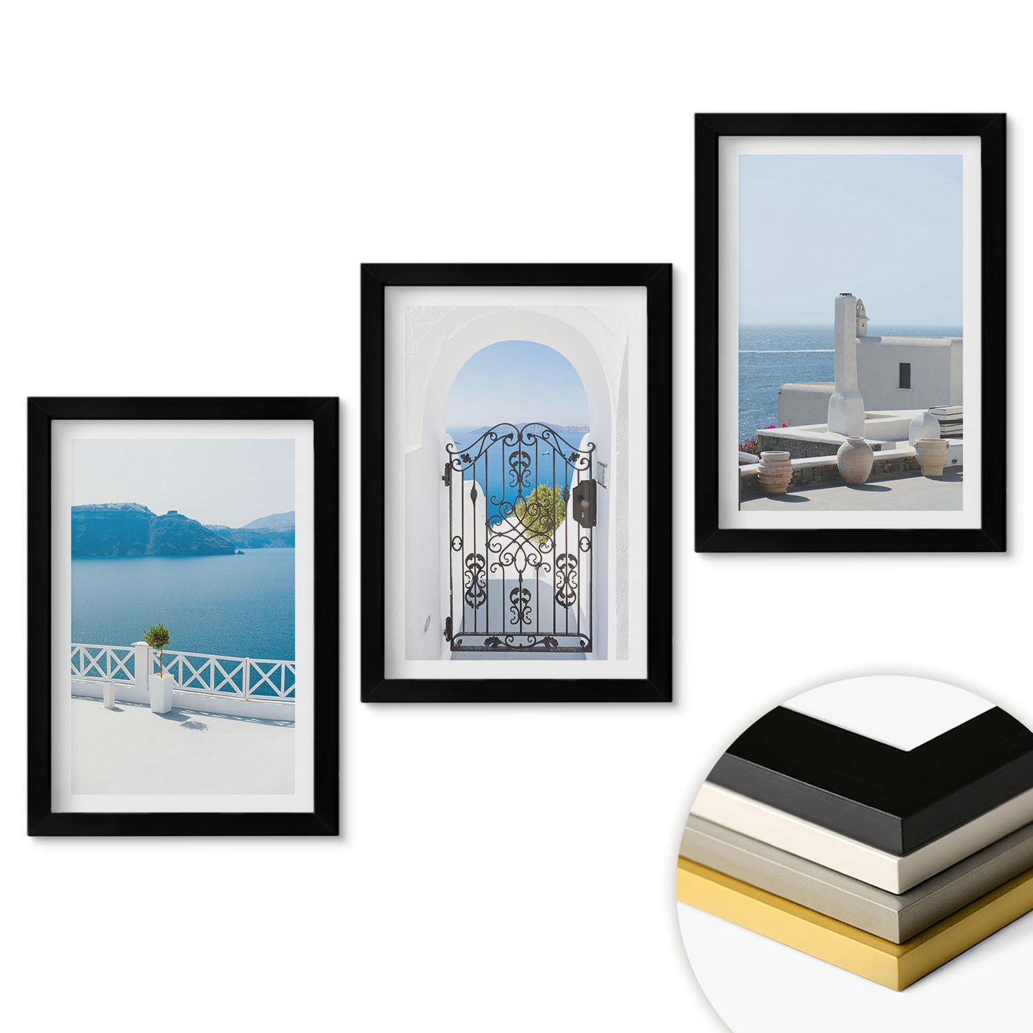 WANDBILDER 3er-Set - 20x30 cm Schwarzer Rahmen - Gebäude am Weißen Meer, Griechenland - Schwarz, Kunststoff (20/30cm) - ArtPrintCave