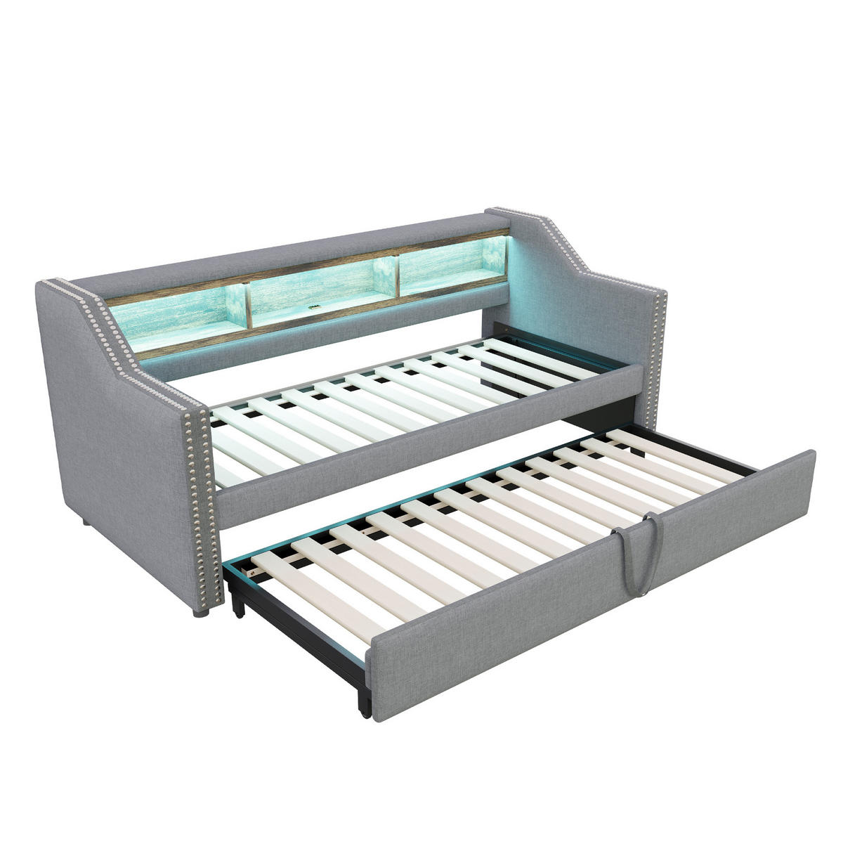 SCHLAFSOFA 90/190 cm mit Ausziehfunktion, LED, USB und Ablagefächern, Hellgrau - Hellgrau, Textil (203.5/74/194cm) - Redom