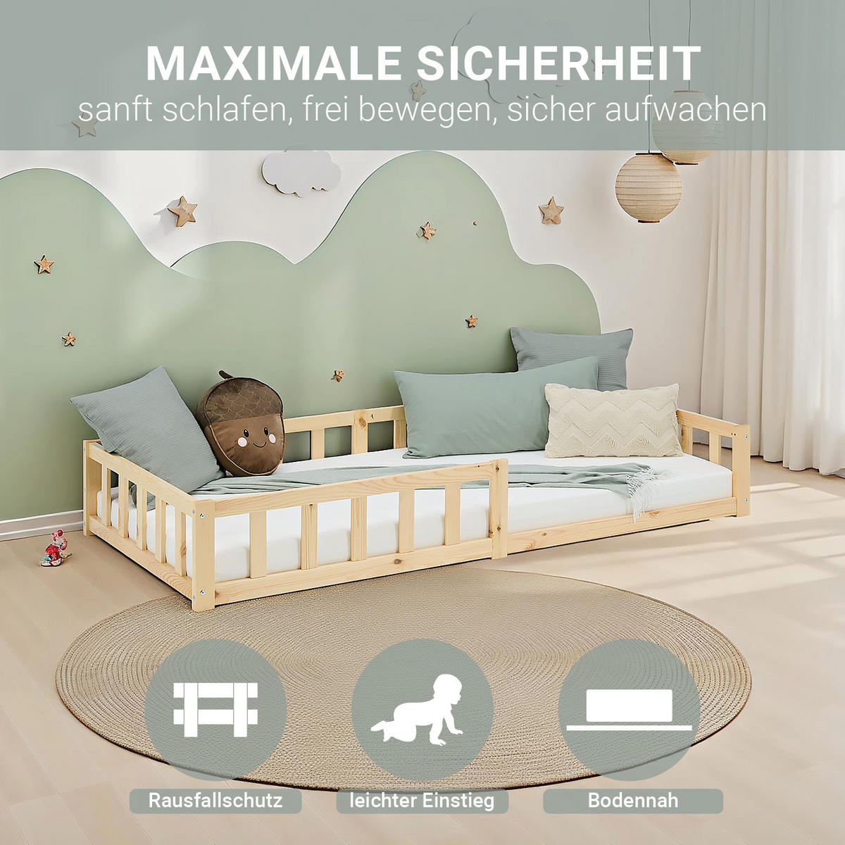 BODENBETT 90x200 Natur Lattenrost + Matratze - Naturfarben, Holz (90/200cm) - Homestyle4u