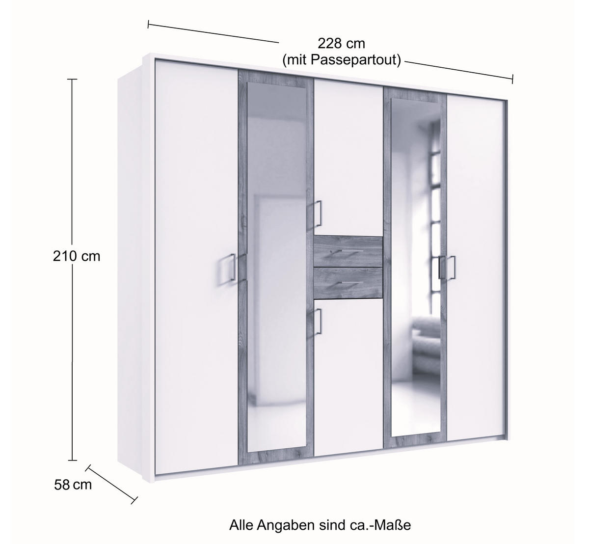 DREHTÜRENSCHRANK Kleiderschrank B228/H210/T58 cm mit Passepartout, Schubkästen & 2 Spiegeltüren, Weiß mit Absetzungen in Grafit / 22598 - Silberfarben/Graphitfarben, Holzwerkstoff/Kunststoff (228/210/58cm) - luma-home