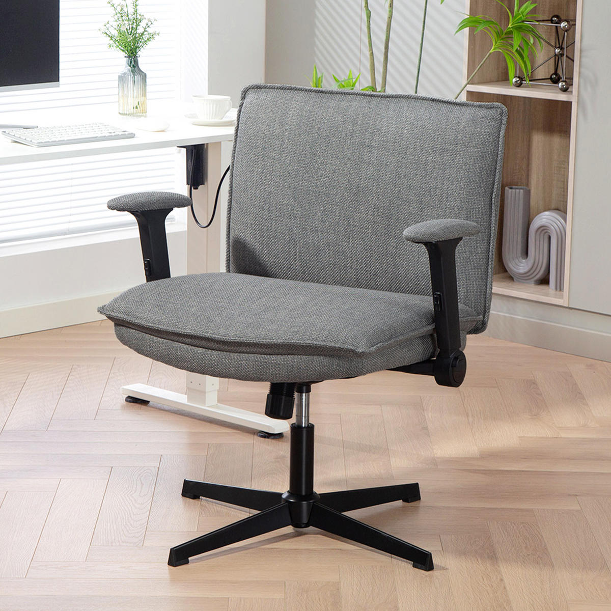 BÜROSTUHL mit hochklappbaren Armlehnen, breiter Schreibtischstuhl in Leinenoptik, höhenverstellbar, Stahlbasis, Grau - Grau, Textil (70/97/76cm)