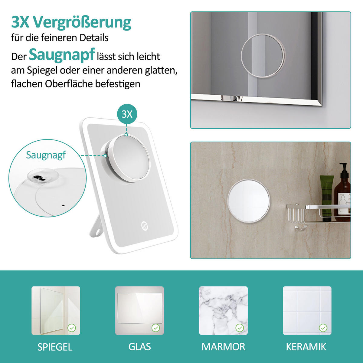 KOSMETIKSPIEGEL mit Licht mit Abnehmbare Saugnapfes, Weiß, 23,2/18,1 cm - Weiß, Glas (18.1/23.2/23.2cm) - EMKE