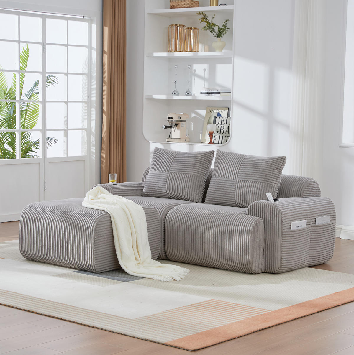 2-SITZER-SOFA aus Cord 200x174x80 cm in Hellgrau mit Cupholder & Seitentasche - Hellgrau, Textil (174/80/200cm) - Modfu