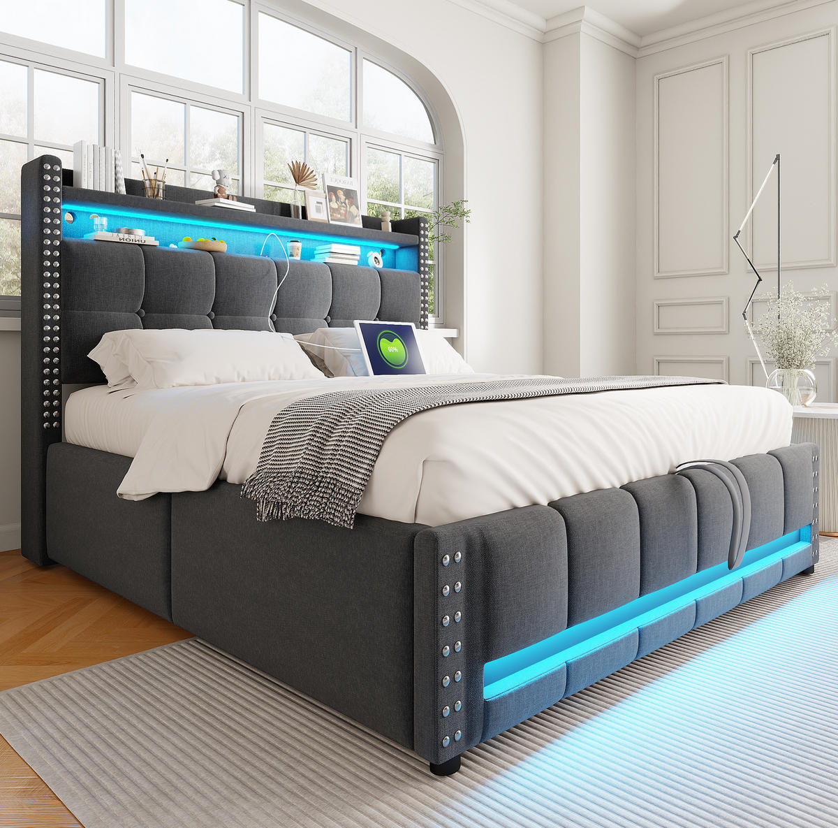 ČALÚNENÁ posteľ z leinenstoffu 140x200 cm sivá s LED osvetlením, USB portom a hydraulickým úložným priestorom - sivá, textil (140/200cm) - Modfu