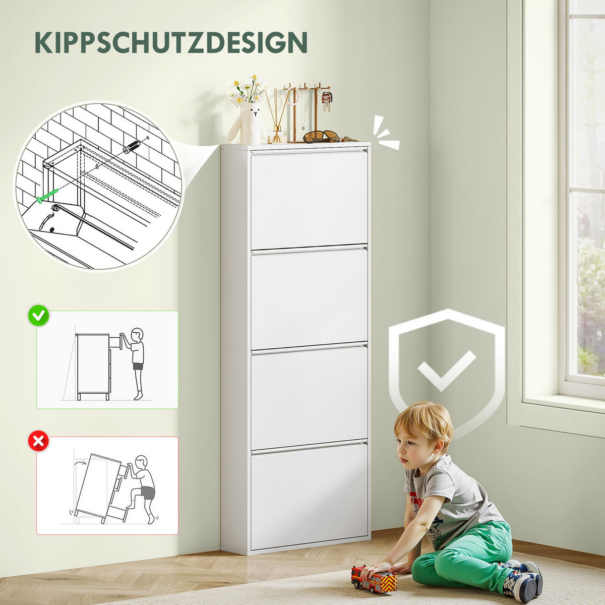 SCHUHSCHRANK mit 4 Klappen Schuhkipper Schmal für 8 Paar Metall Weiß - Weiß, Metall (15/139/55cm) - HOMCOM