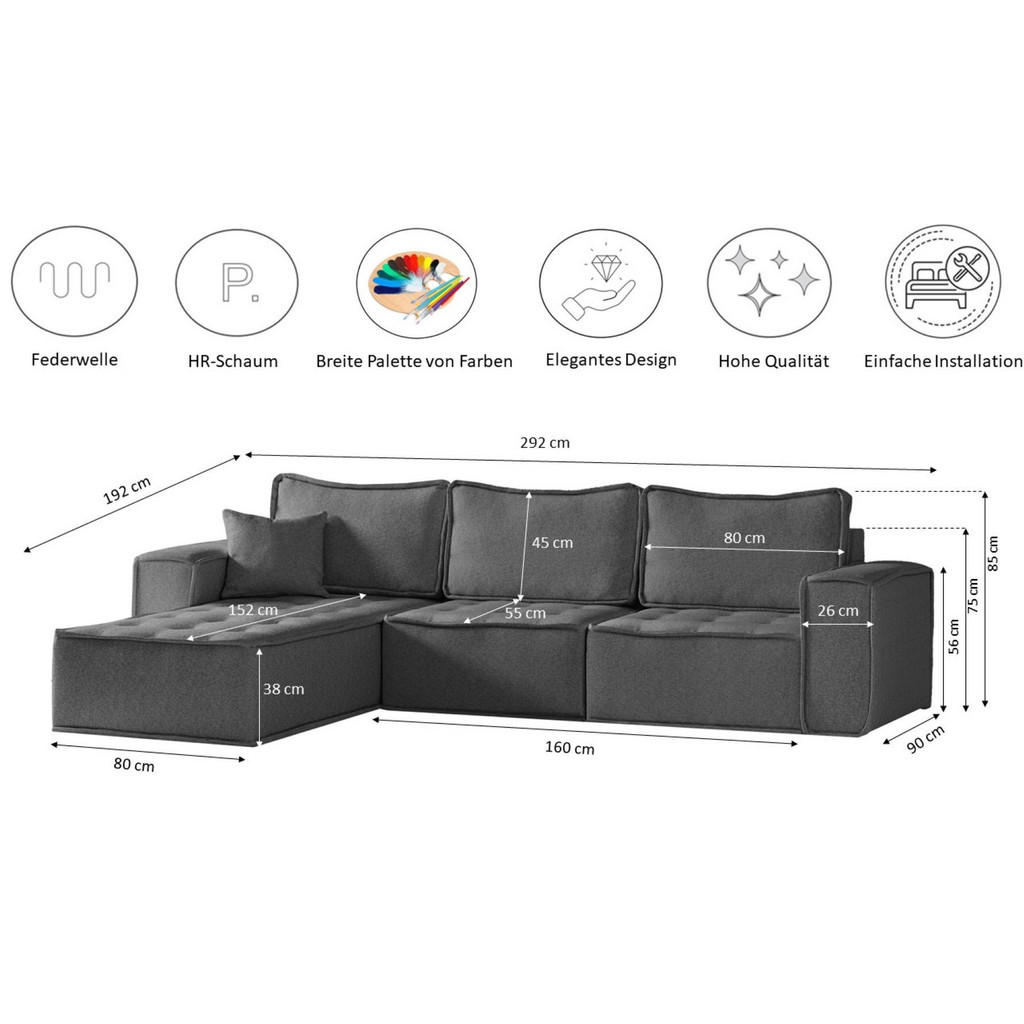 Thumbnail - Kaiser Möbel Ecksofa, Dunkelgrau, Holz, Füllung: Komfortschaum, L-Form, 292x192 cm, Wohnzimmer, Sofas & Couches, Wohnlan...