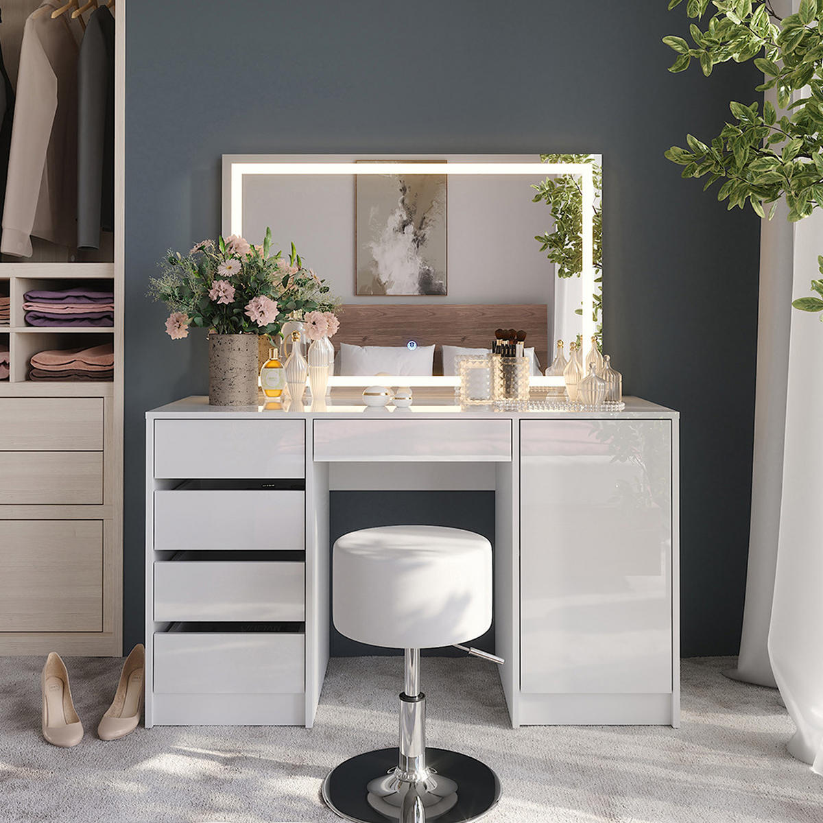SCHMINKTISCH Sherry Weiß/Weiß Hochglanz 128.2 cm mit LED-Spiegel und Hocker - Weiß Hochglanz, Holzwerkstoff (128.2/76/50.1cm) - Vicco