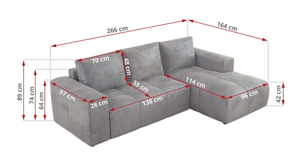 ECKSOFA MONIVA Hellgrau Velvet - Links - Hellgrau/Schwarz, Textil (164/266cm) - MKS