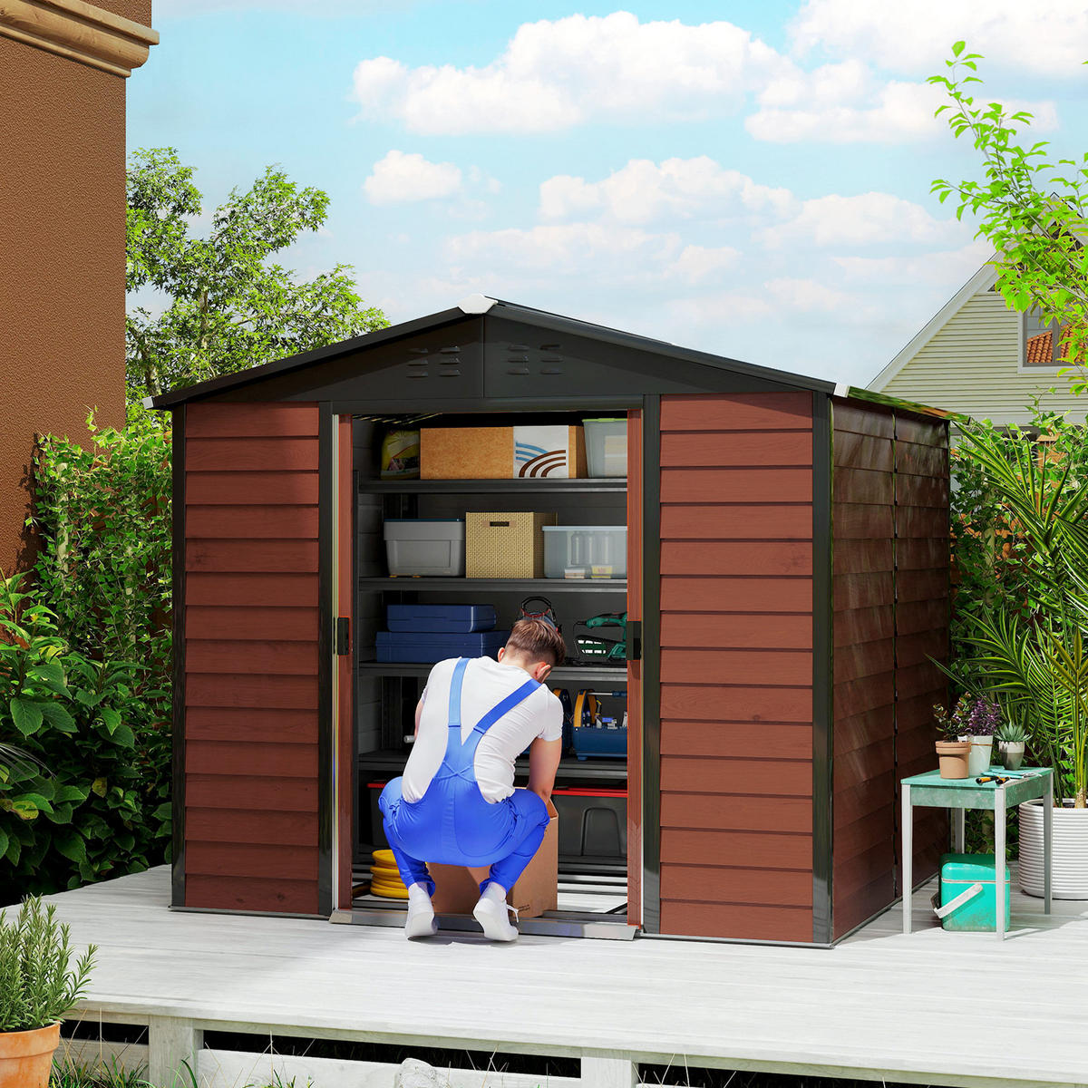 GERÄTEHAUS 4,4 m² Gartenhaus mit Pultdach, Schiebetür, Fundament Geräteschuppen - Braun, Metall (206/198/240cm) - Outsunny