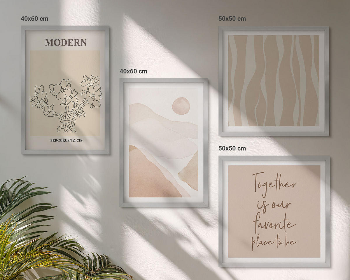 BILDER SET 4er Set - 50x50 cm & 40x60 cm Silberner Rahmen - Abstrakte Formen und Farben - Silberfarben, Kunststoff (50/50cm) - TULUP