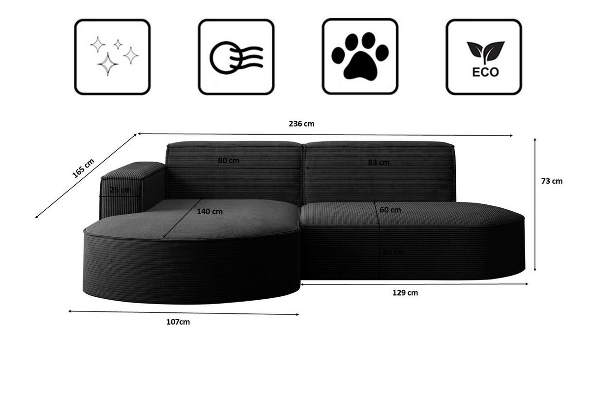 ECKSOFA Modena Studio, Cord Stoff Schwarz Links - Schwarz, Holzwerkstoff/Textil (165/236cm) - Kaiser Möbel
