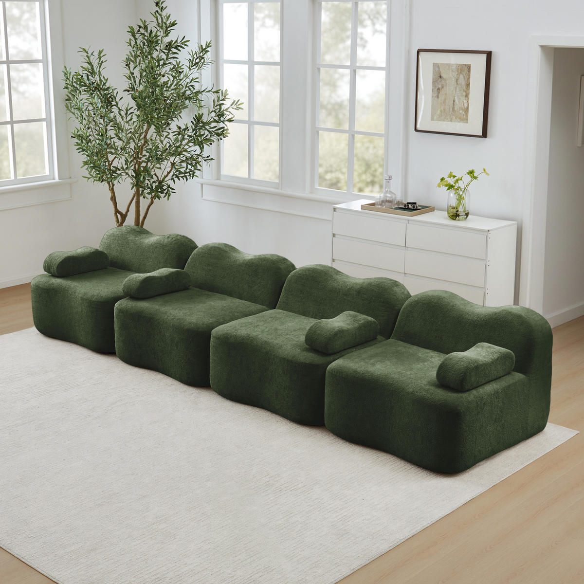 SOFA 384/98/70 cm in Grün aus Samt mit Wellenform und modularem Design - Grün, Textil (98/70/384cm) - Flora Grace