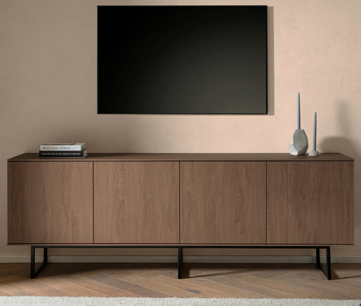 TV-LOWBOARD Nussbaum 200 x 70 cm, TV Unterteil mit Push-to-Open und Komforthöhe - Nussbaumfarben/Schwarz, Holzwerkstoff/Metall (200/70/40cm) - Furn.Design