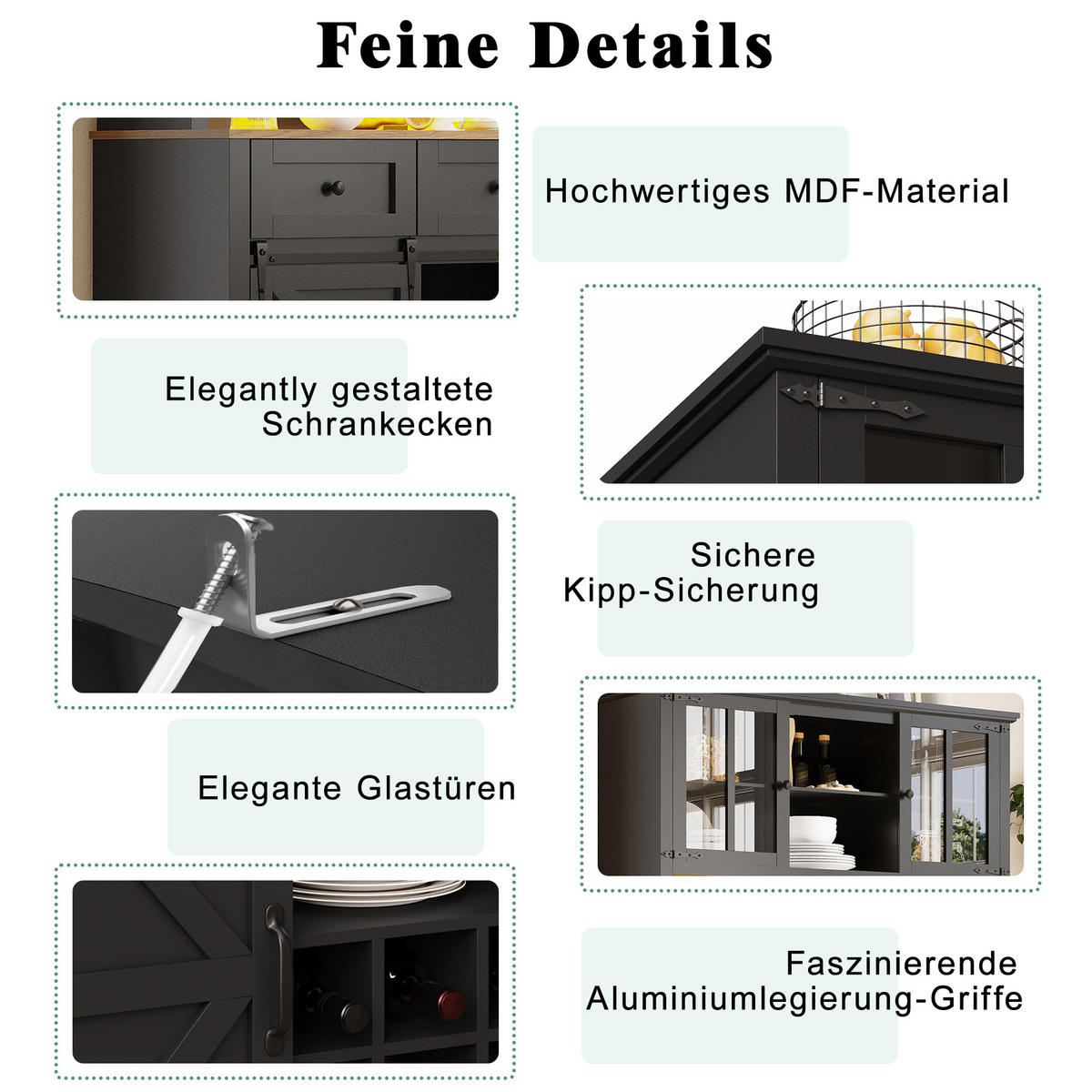 BUFFET 105/38,4/180 cm aus MDF mit LED-Beleuchtung und Schiebetür Schwarz - Schwarz, Holzwerkstoff (105/180/38.4cm) - Modenvie