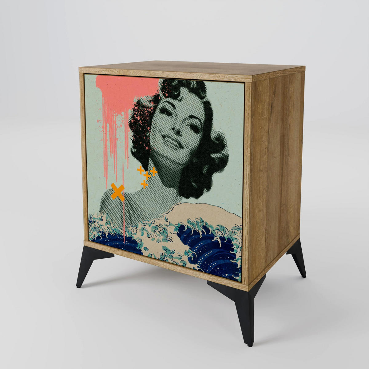 SIDEBOARD KANAGAWA BEAUTY, Eichefarben, 57,5x42x67,5 cm, Schwarze Metall-Rahmenfüße - Eichefarben/Multicolor, Holzwerkstoff/Metall (57.5/67.5/42cm) - SpaceRebels