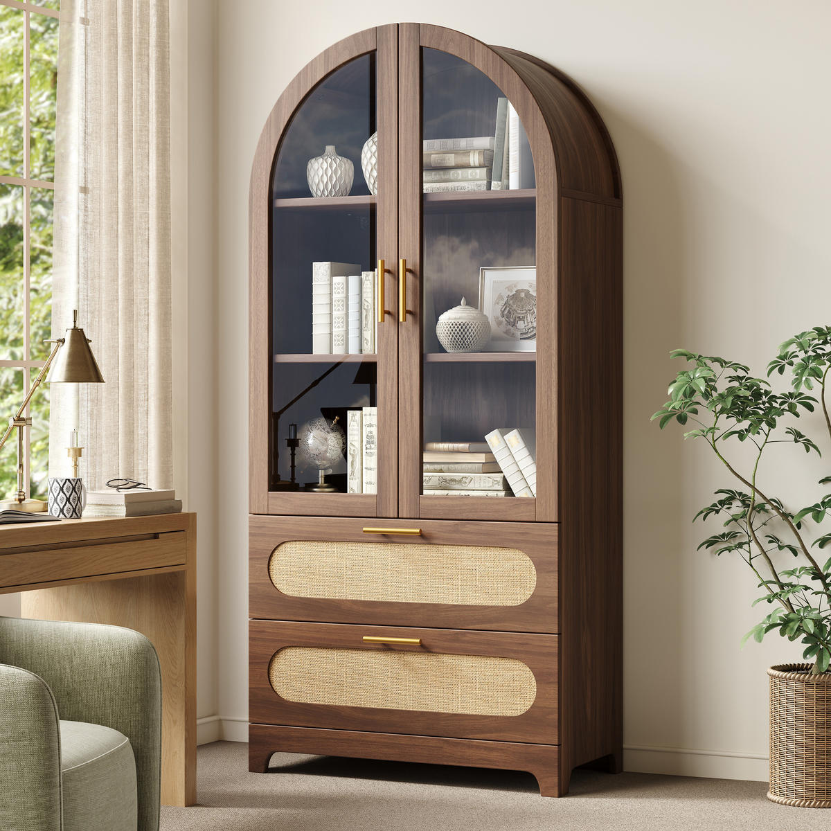 VITRINE in Nussbaum Bücherregal mit 2 Schubladen und verstellbaren Böden, H175/B80/T40cm - Transparent/Naturfarben, Glas/Holzwerkstoff (80/175/40cm) - STILVORA